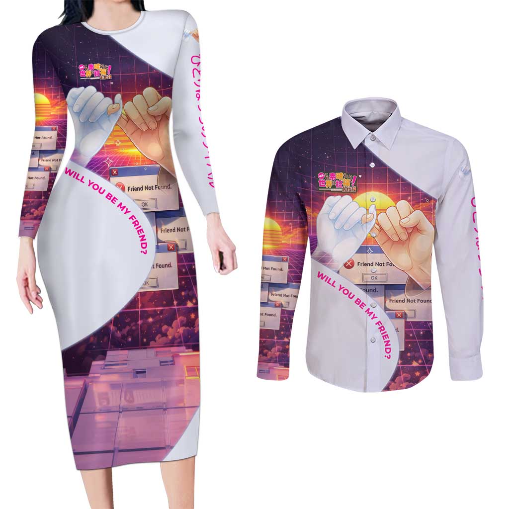 Friend Not Found Konosuba Tribute Couples Matching Long Sleeve Bodycon Dress and Long Sleeve Button Shirt Vaporwave Digital Nostalgia Style