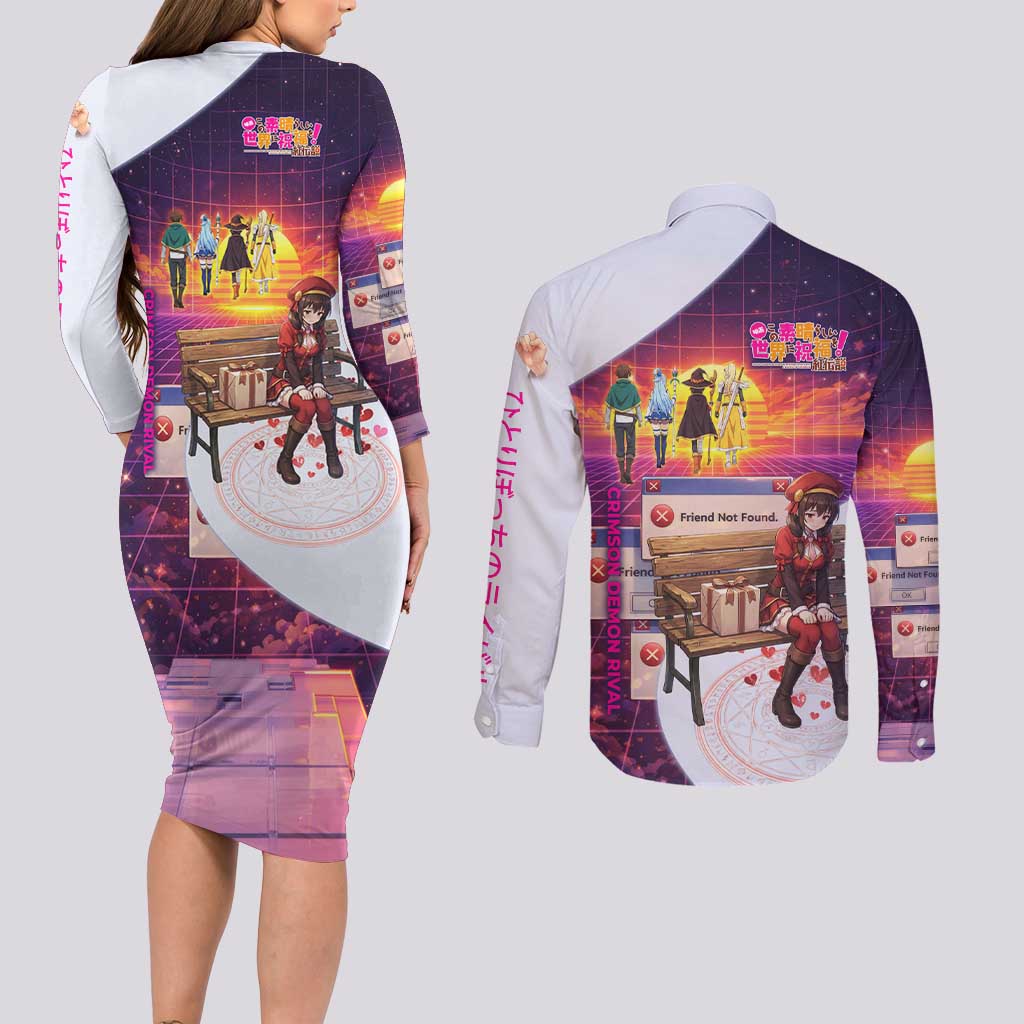 Friend Not Found Konosuba Tribute Couples Matching Long Sleeve Bodycon Dress and Long Sleeve Button Shirt Vaporwave Digital Nostalgia Style