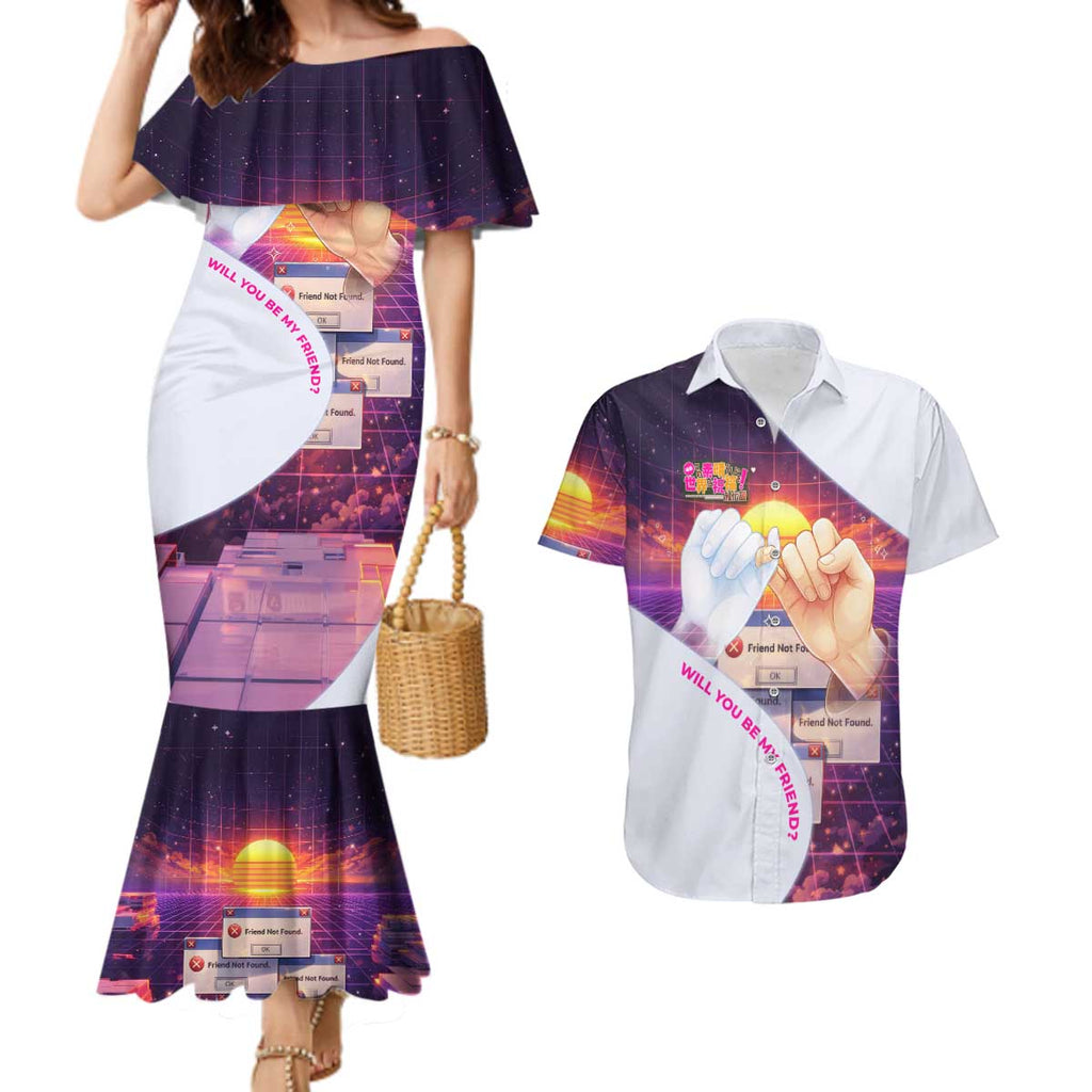 Friend Not Found Konosuba Tribute Couples Matching Mermaid Dress and Hawaiian Shirt Vaporwave Digital Nostalgia Style