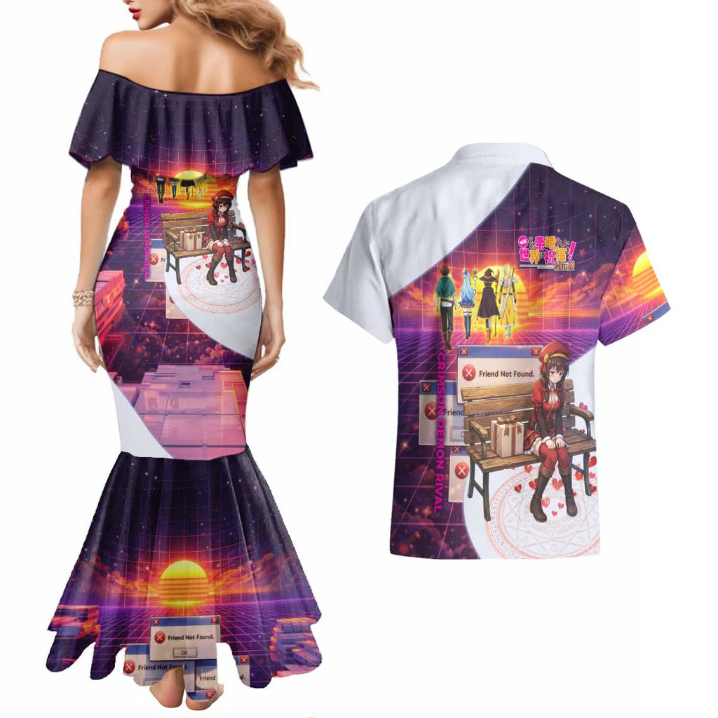 Friend Not Found Konosuba Tribute Couples Matching Mermaid Dress and Hawaiian Shirt Vaporwave Digital Nostalgia Style