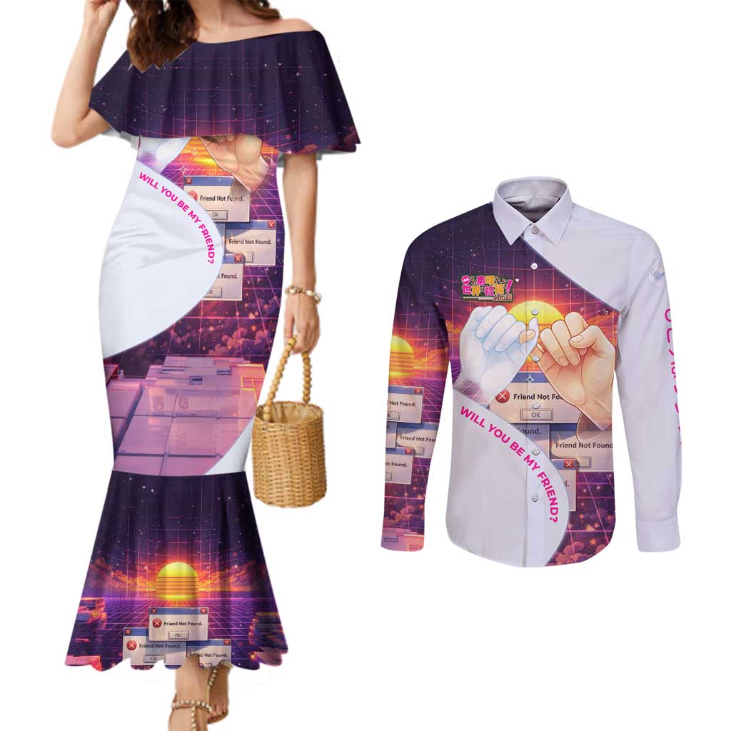 Friend Not Found Konosuba Tribute Couples Matching Mermaid Dress and Long Sleeve Button Shirt Vaporwave Digital Nostalgia Style
