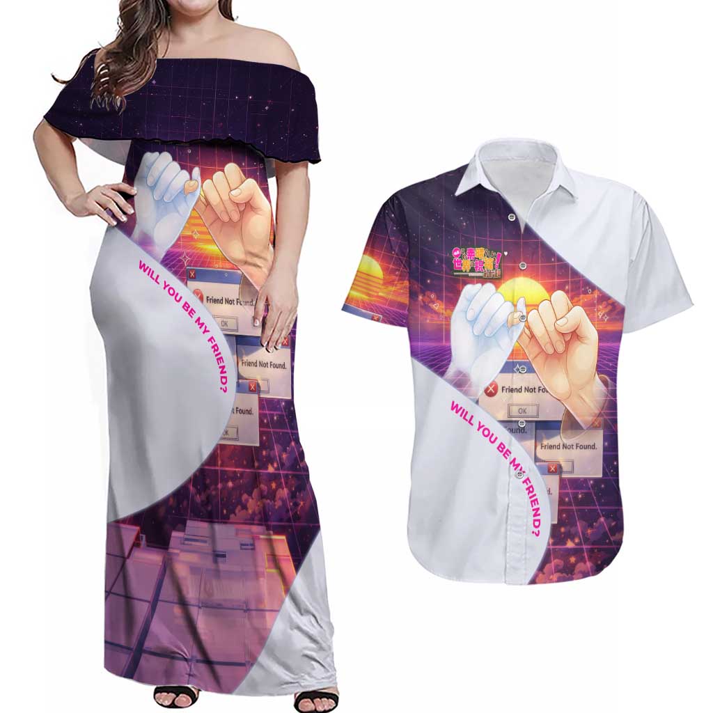 Friend Not Found Konosuba Tribute Couples Matching Off Shoulder Maxi Dress and Hawaiian Shirt Vaporwave Digital Nostalgia Style