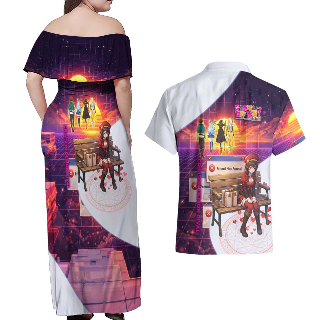 Friend Not Found Konosuba Tribute Couples Matching Off Shoulder Maxi Dress and Hawaiian Shirt Vaporwave Digital Nostalgia Style