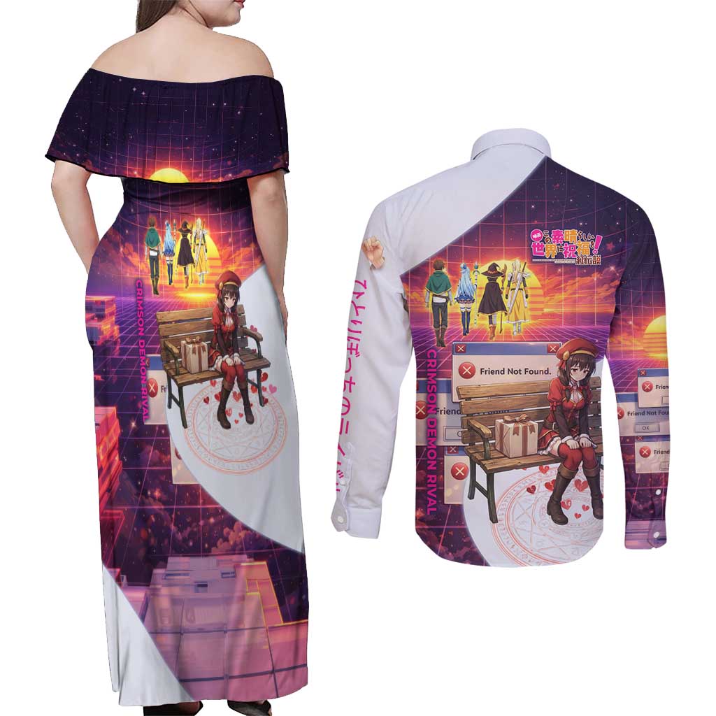 Friend Not Found Konosuba Tribute Couples Matching Off Shoulder Maxi Dress and Long Sleeve Button Shirt Vaporwave Digital Nostalgia Style