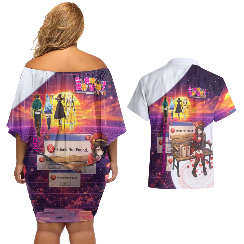 Friend Not Found Konosuba Tribute Couples Matching Off Shoulder Short Dress and Hawaiian Shirt Vaporwave Digital Nostalgia Style