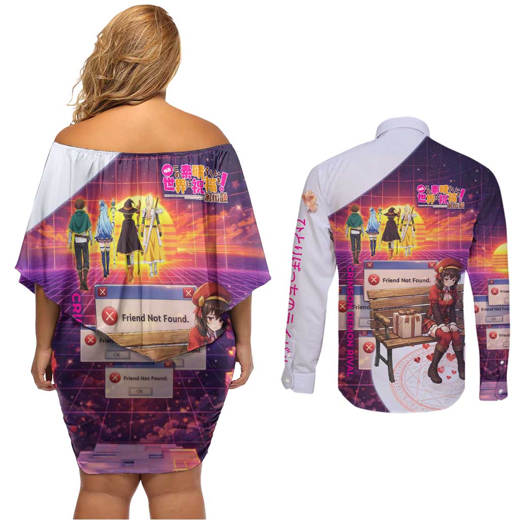 Friend Not Found Konosuba Tribute Couples Matching Off Shoulder Short Dress and Long Sleeve Button Shirt Vaporwave Digital Nostalgia Style
