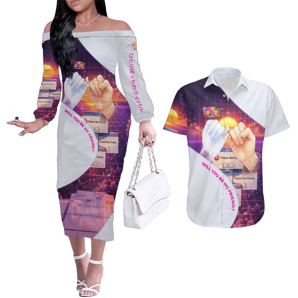 Friend Not Found Konosuba Tribute Couples Matching Off The Shoulder Long Sleeve Dress and Hawaiian Shirt Vaporwave Digital Nostalgia Style
