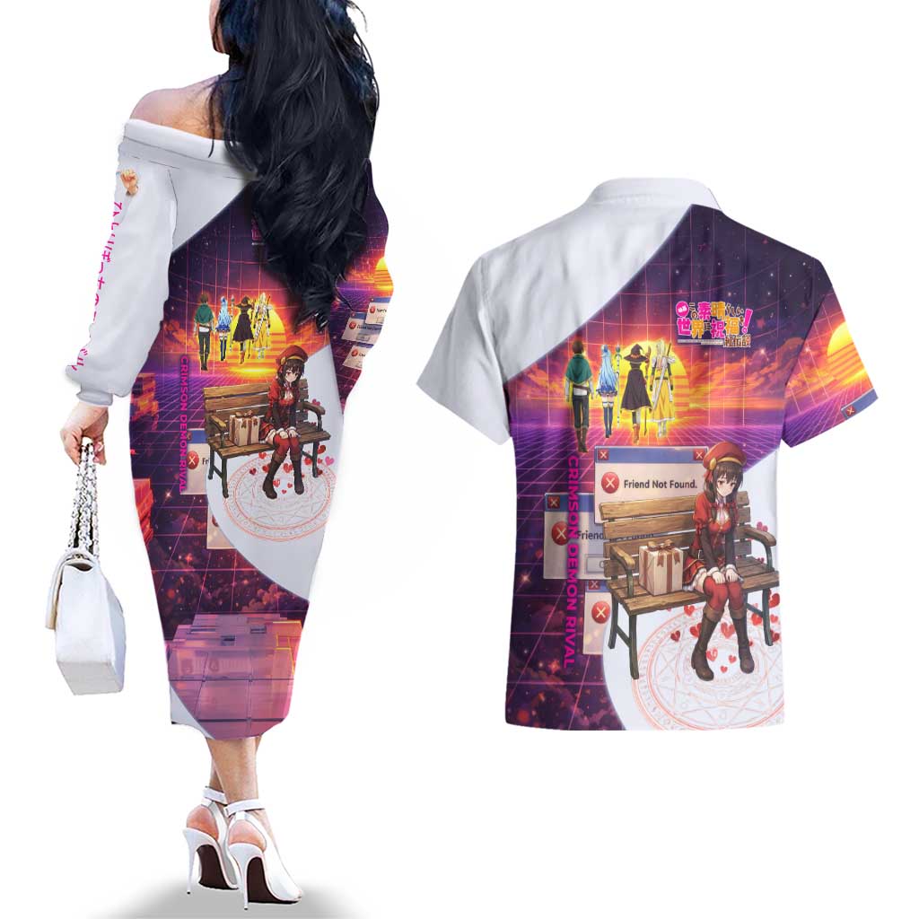 Friend Not Found Konosuba Tribute Couples Matching Off The Shoulder Long Sleeve Dress and Hawaiian Shirt Vaporwave Digital Nostalgia Style