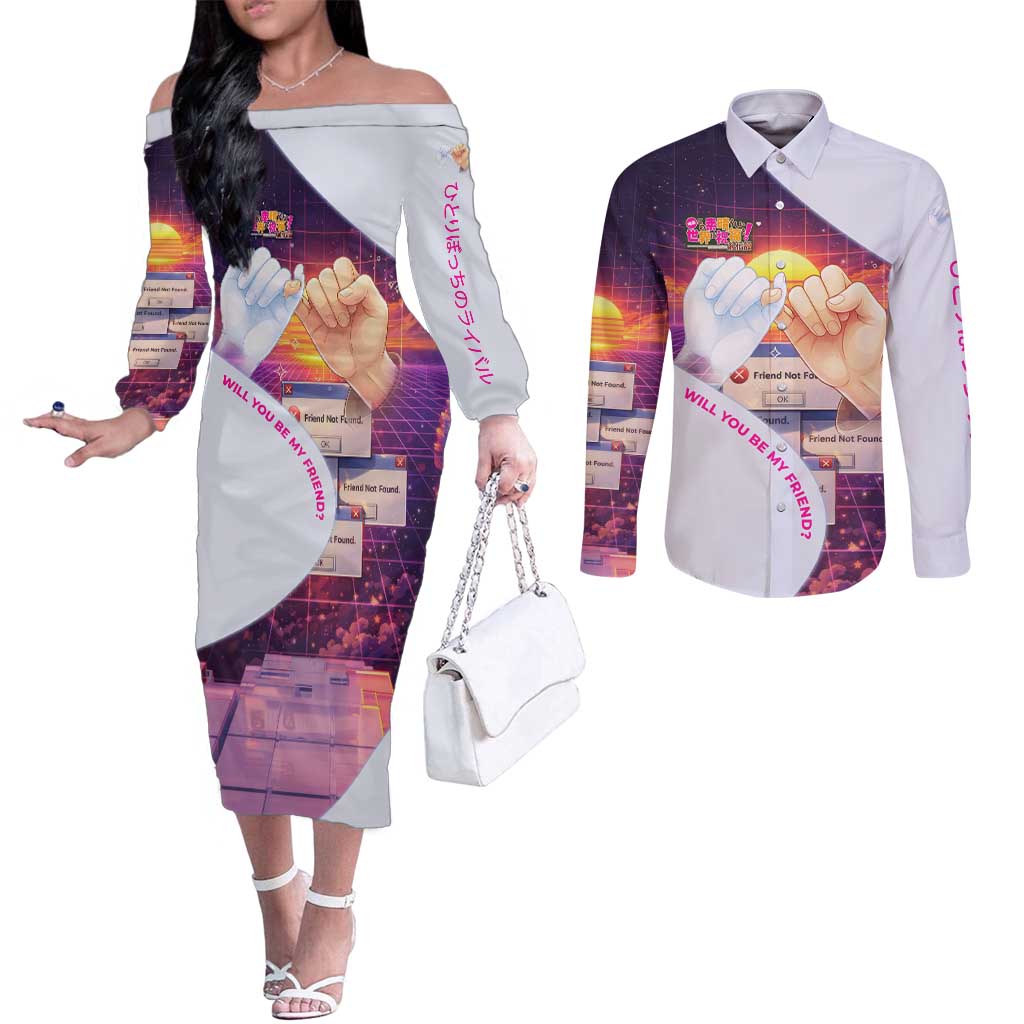 Friend Not Found Konosuba Tribute Couples Matching Off The Shoulder Long Sleeve Dress and Long Sleeve Button Shirt Vaporwave Digital Nostalgia Style