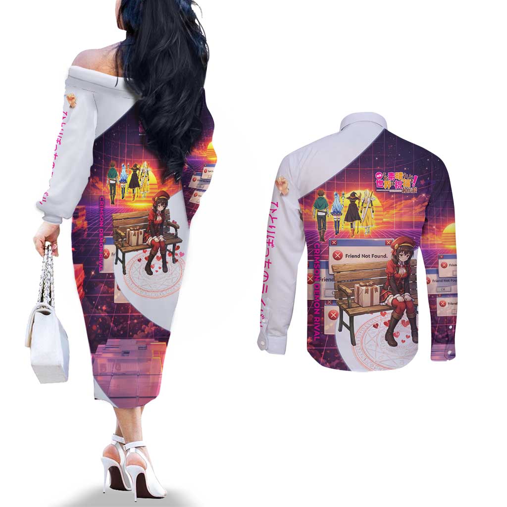 Friend Not Found Konosuba Tribute Couples Matching Off The Shoulder Long Sleeve Dress and Long Sleeve Button Shirt Vaporwave Digital Nostalgia Style