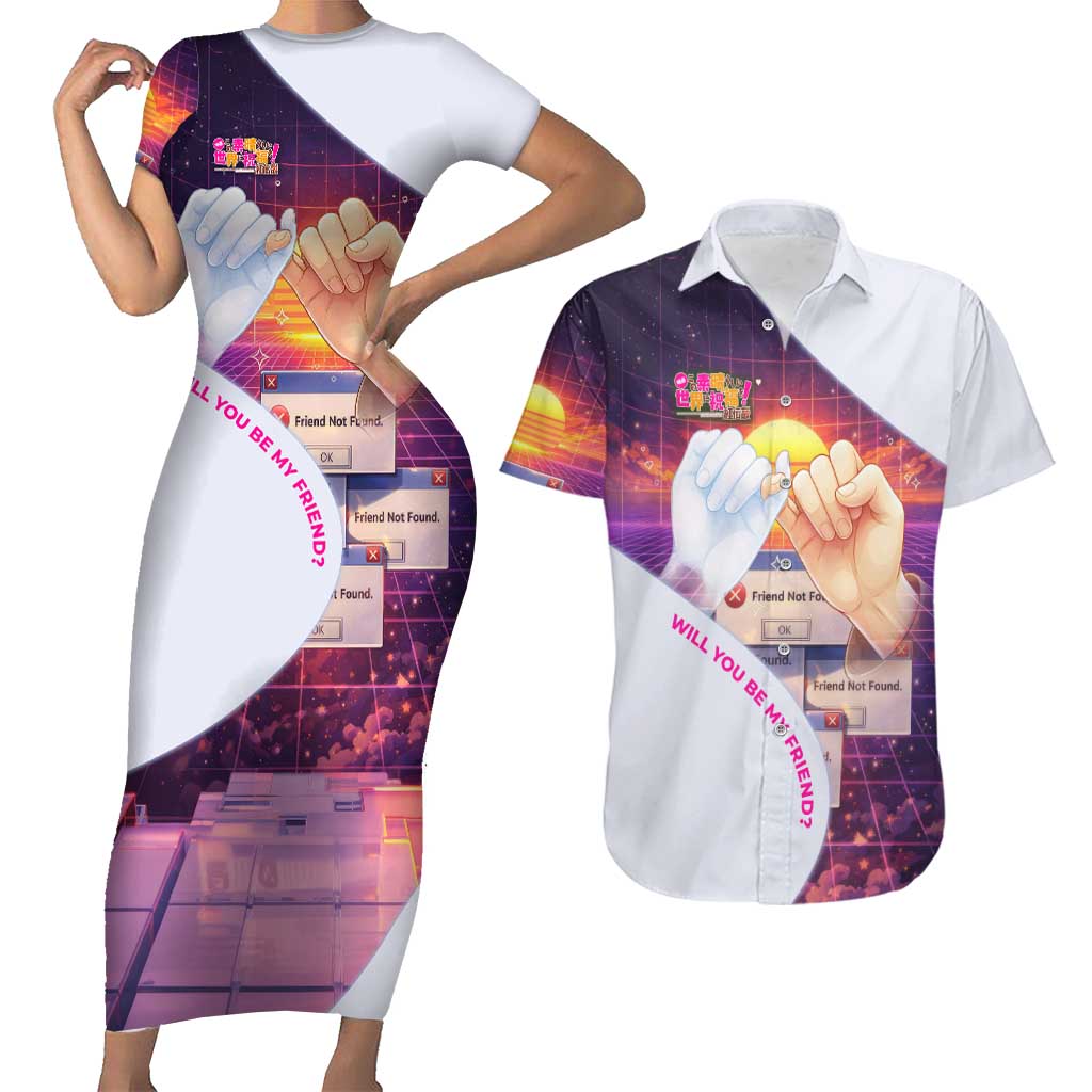 Friend Not Found Konosuba Tribute Couples Matching Short Sleeve Bodycon Dress and Hawaiian Shirt Vaporwave Digital Nostalgia Style