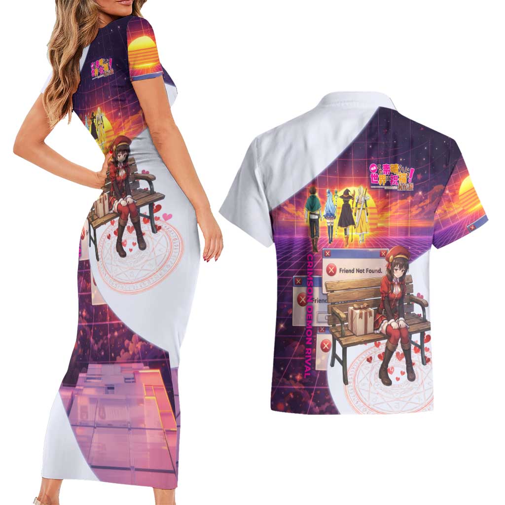 Friend Not Found Konosuba Tribute Couples Matching Short Sleeve Bodycon Dress and Hawaiian Shirt Vaporwave Digital Nostalgia Style