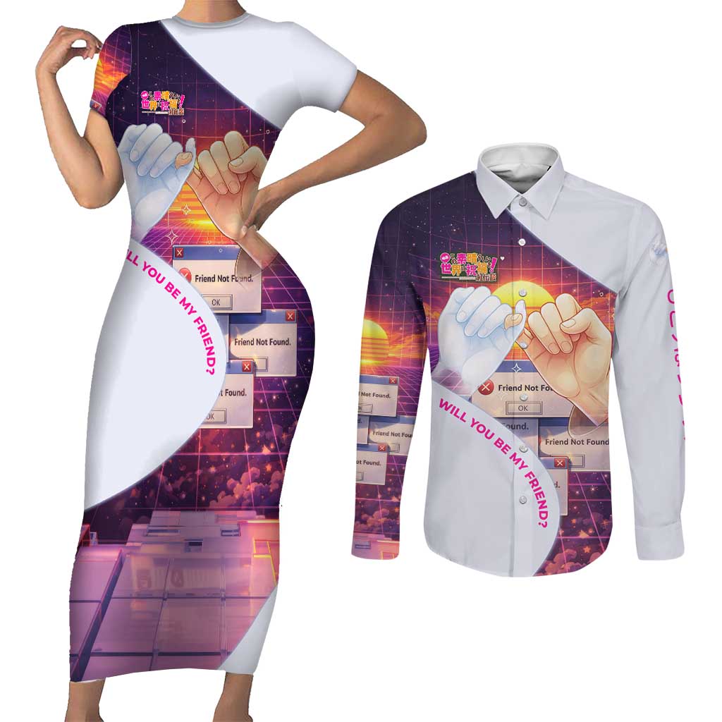 Friend Not Found Konosuba Tribute Couples Matching Short Sleeve Bodycon Dress and Long Sleeve Button Shirt Vaporwave Digital Nostalgia Style