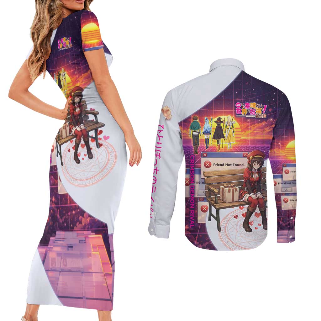 Friend Not Found Konosuba Tribute Couples Matching Short Sleeve Bodycon Dress and Long Sleeve Button Shirt Vaporwave Digital Nostalgia Style