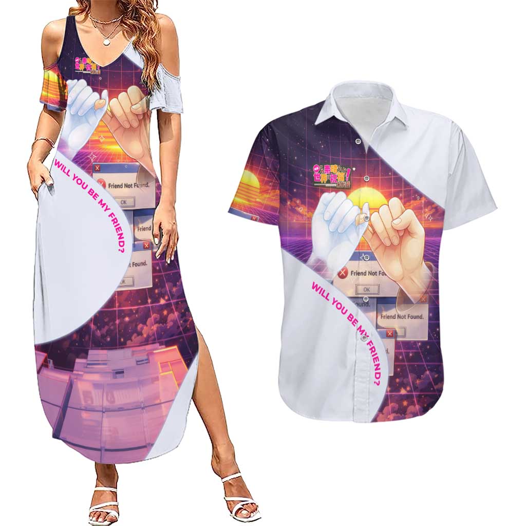 Friend Not Found Konosuba Tribute Couples Matching Summer Maxi Dress and Hawaiian Shirt Vaporwave Digital Nostalgia Style