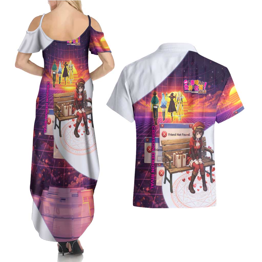 Friend Not Found Konosuba Tribute Couples Matching Summer Maxi Dress and Hawaiian Shirt Vaporwave Digital Nostalgia Style