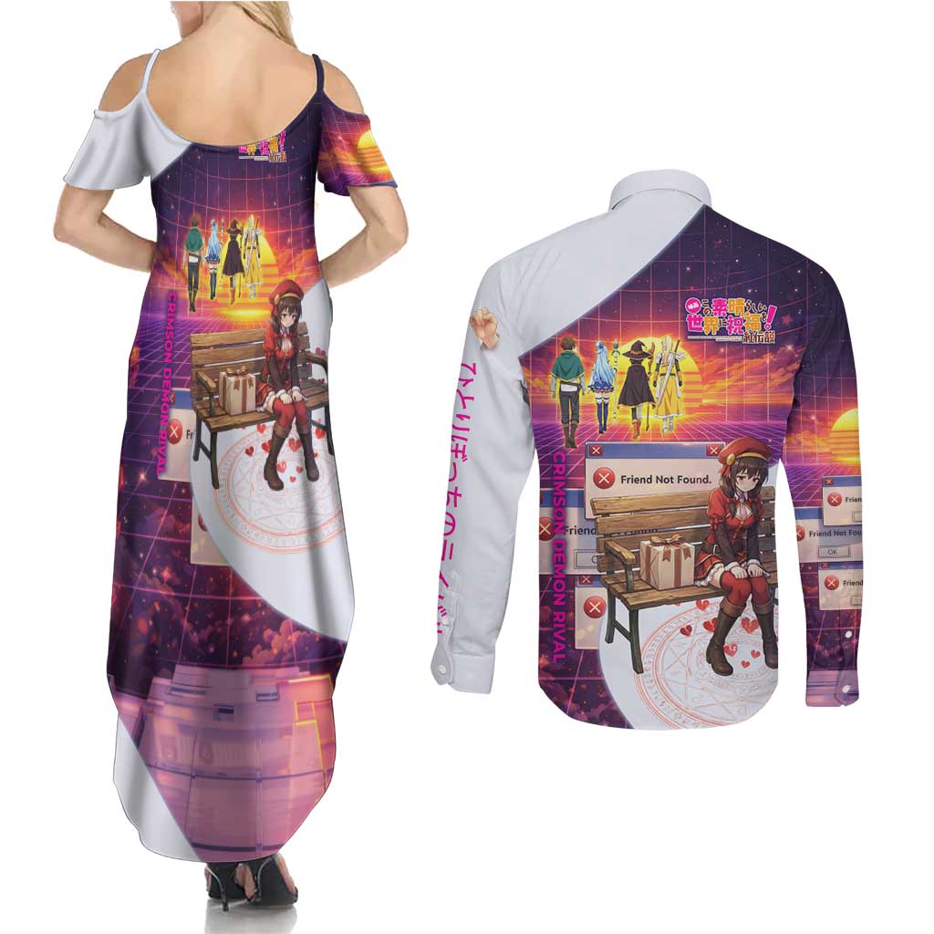 Friend Not Found Konosuba Tribute Couples Matching Summer Maxi Dress and Long Sleeve Button Shirt Vaporwave Digital Nostalgia Style