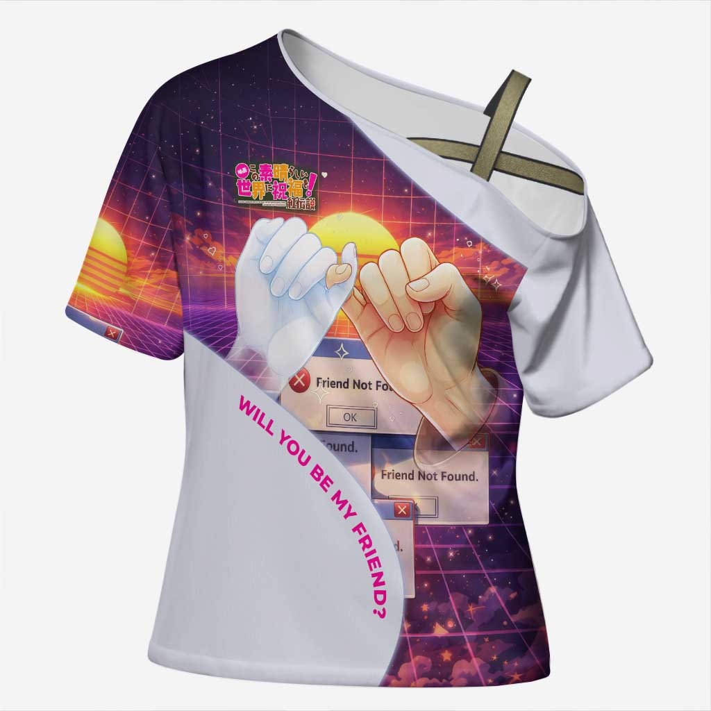 Friend Not Found Konosuba Tribute Cross Shoulder Shirt Vaporwave Digital Nostalgia Style
