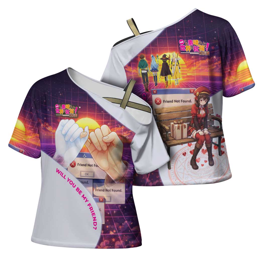 Friend Not Found Konosuba Tribute Cross Shoulder Shirt Vaporwave Digital Nostalgia Style