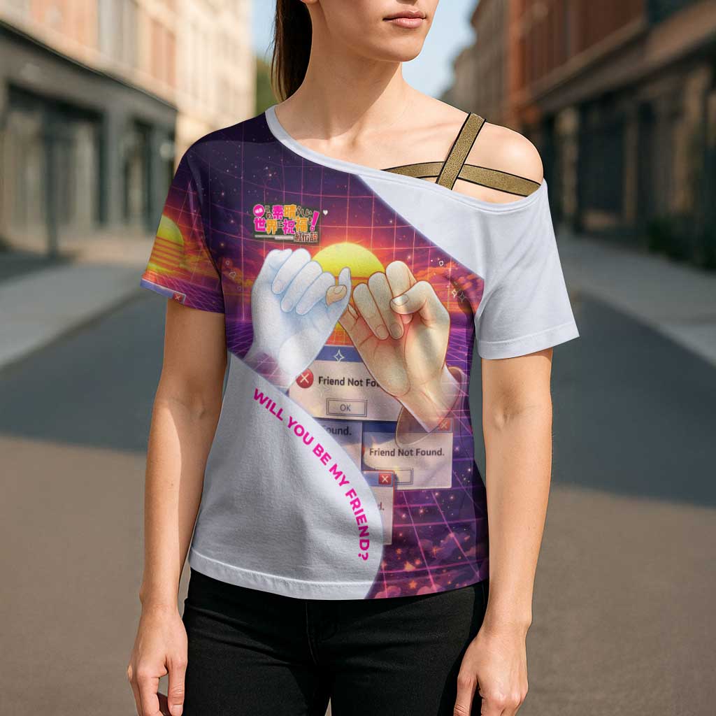 Friend Not Found Konosuba Tribute Cross Shoulder Shirt Vaporwave Digital Nostalgia Style