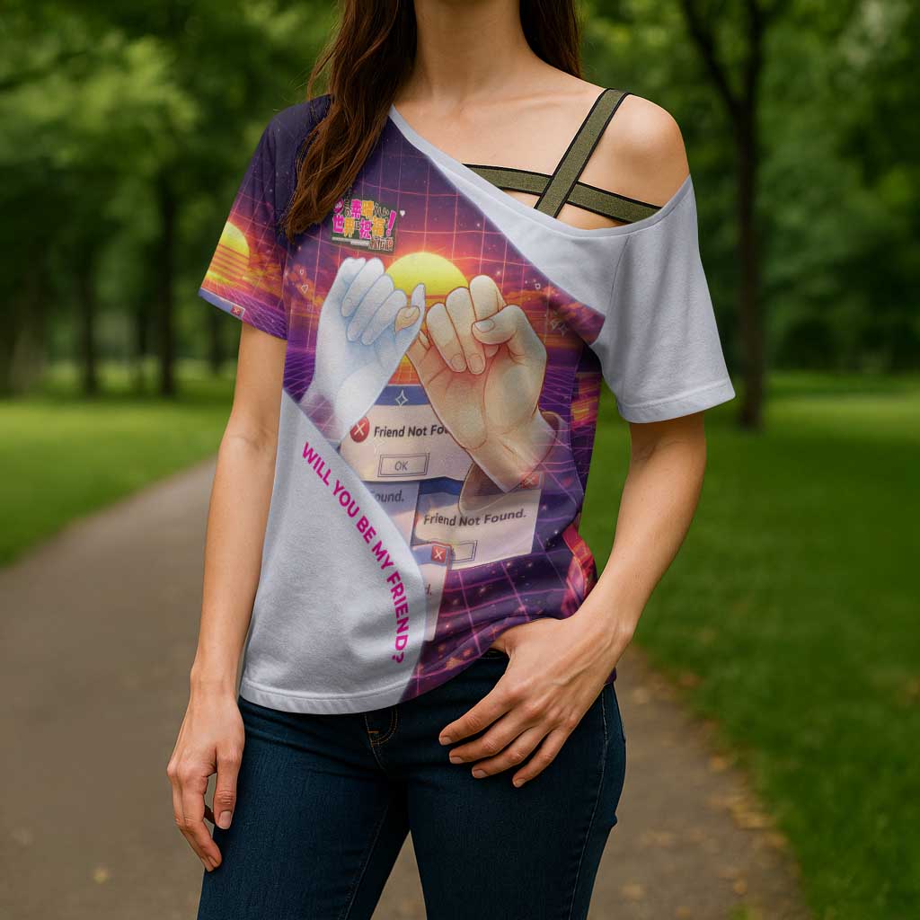 Friend Not Found Konosuba Tribute Cross Shoulder Shirt Vaporwave Digital Nostalgia Style