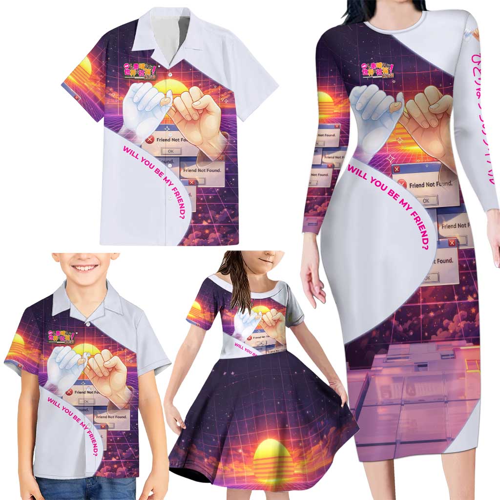 Friend Not Found Konosuba Tribute Family Matching Long Sleeve Bodycon Dress and Hawaiian Shirt Vaporwave Digital Nostalgia Style