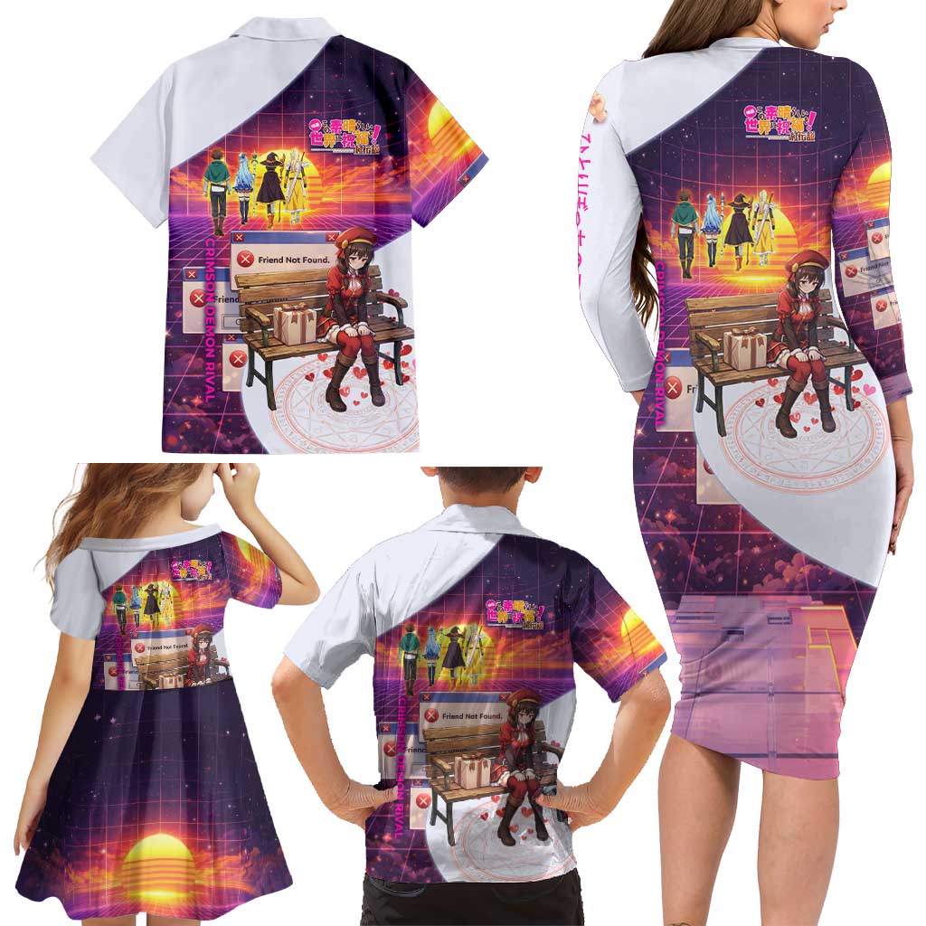Friend Not Found Konosuba Tribute Family Matching Long Sleeve Bodycon Dress and Hawaiian Shirt Vaporwave Digital Nostalgia Style