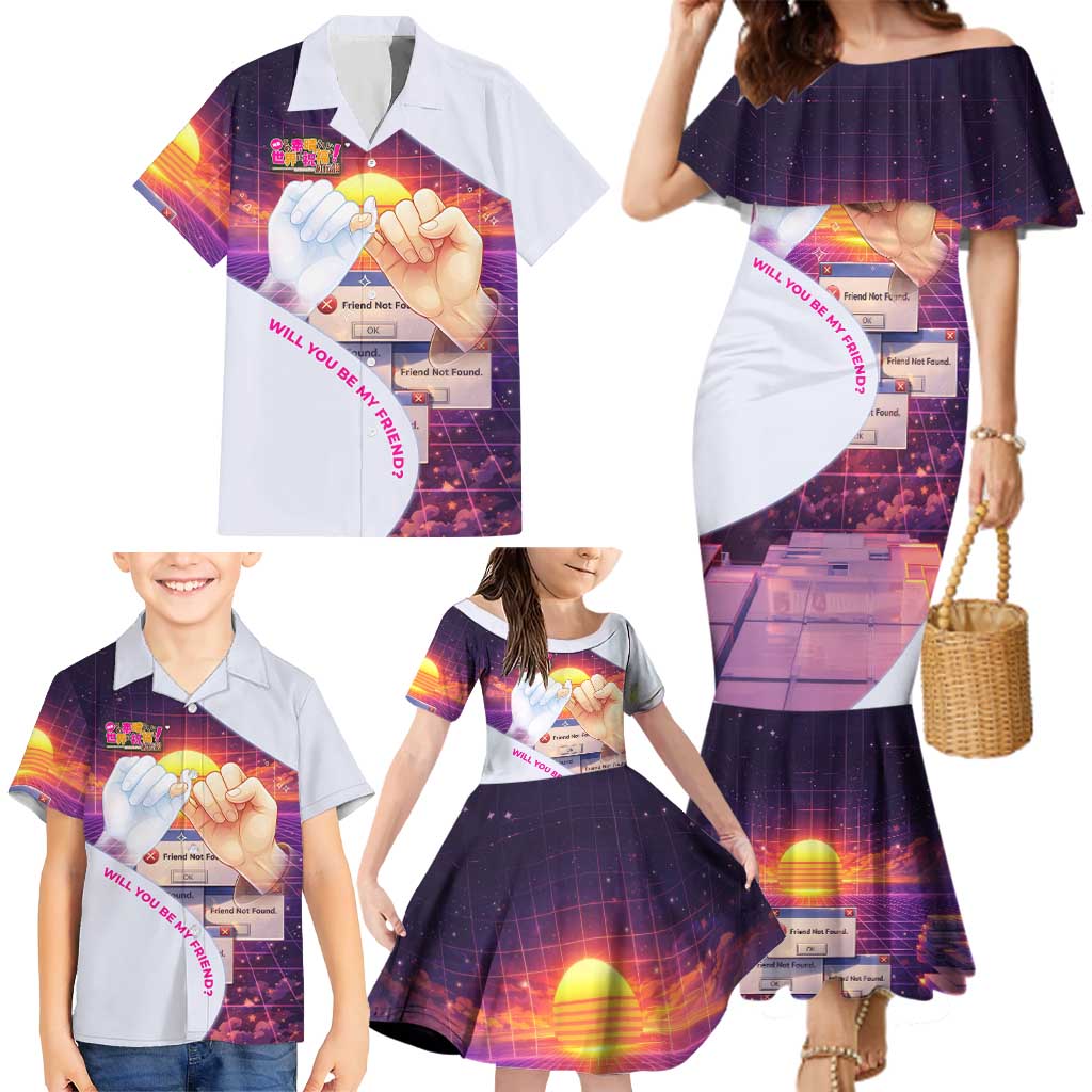 Friend Not Found Konosuba Tribute Family Matching Mermaid Dress and Hawaiian Shirt Vaporwave Digital Nostalgia Style