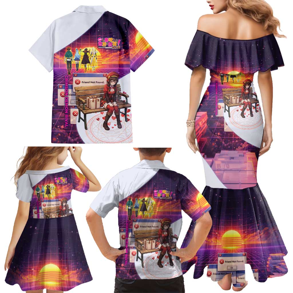 Friend Not Found Konosuba Tribute Family Matching Mermaid Dress and Hawaiian Shirt Vaporwave Digital Nostalgia Style