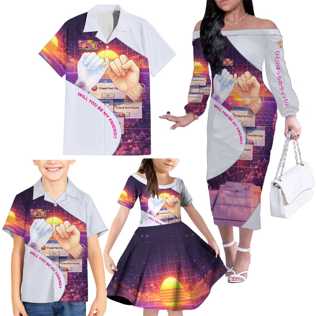 Friend Not Found Konosuba Tribute Family Matching Off The Shoulder Long Sleeve Dress and Hawaiian Shirt Vaporwave Digital Nostalgia Style
