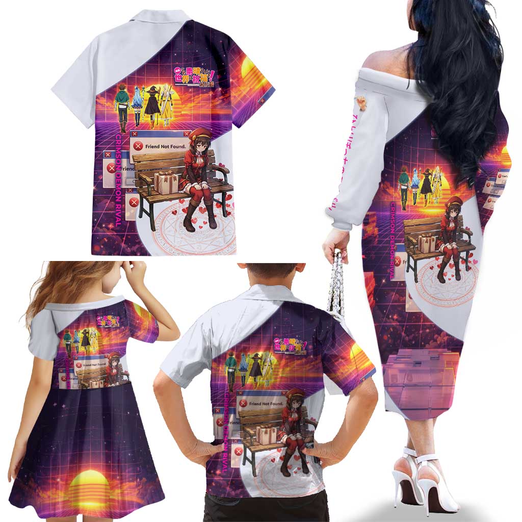 Friend Not Found Konosuba Tribute Family Matching Off The Shoulder Long Sleeve Dress and Hawaiian Shirt Vaporwave Digital Nostalgia Style