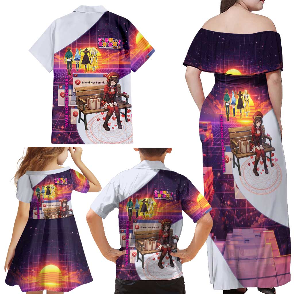Friend Not Found Konosuba Tribute Family Matching Off Shoulder Maxi Dress and Hawaiian Shirt Vaporwave Digital Nostalgia Style