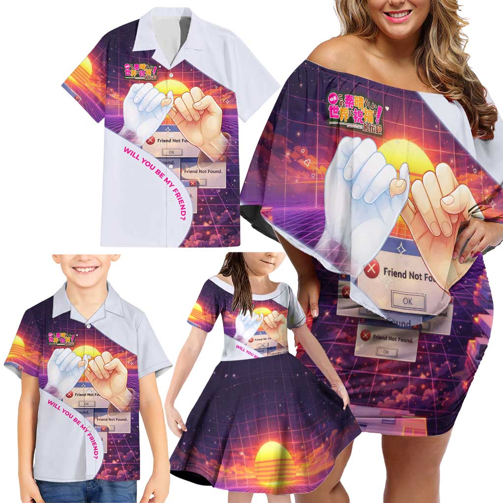 Friend Not Found Konosuba Tribute Family Matching Off Shoulder Short Dress and Hawaiian Shirt Vaporwave Digital Nostalgia Style