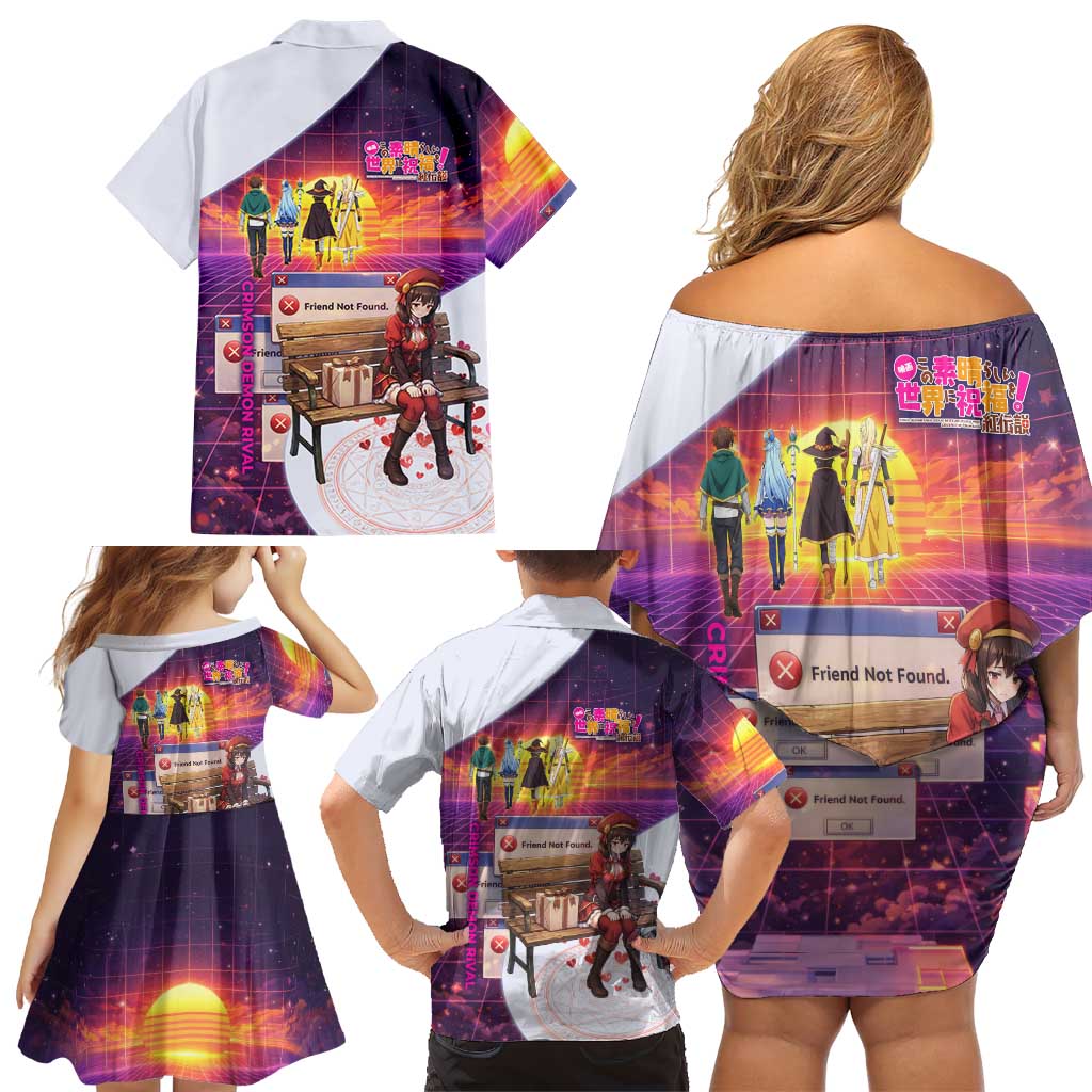 Friend Not Found Konosuba Tribute Family Matching Off Shoulder Short Dress and Hawaiian Shirt Vaporwave Digital Nostalgia Style