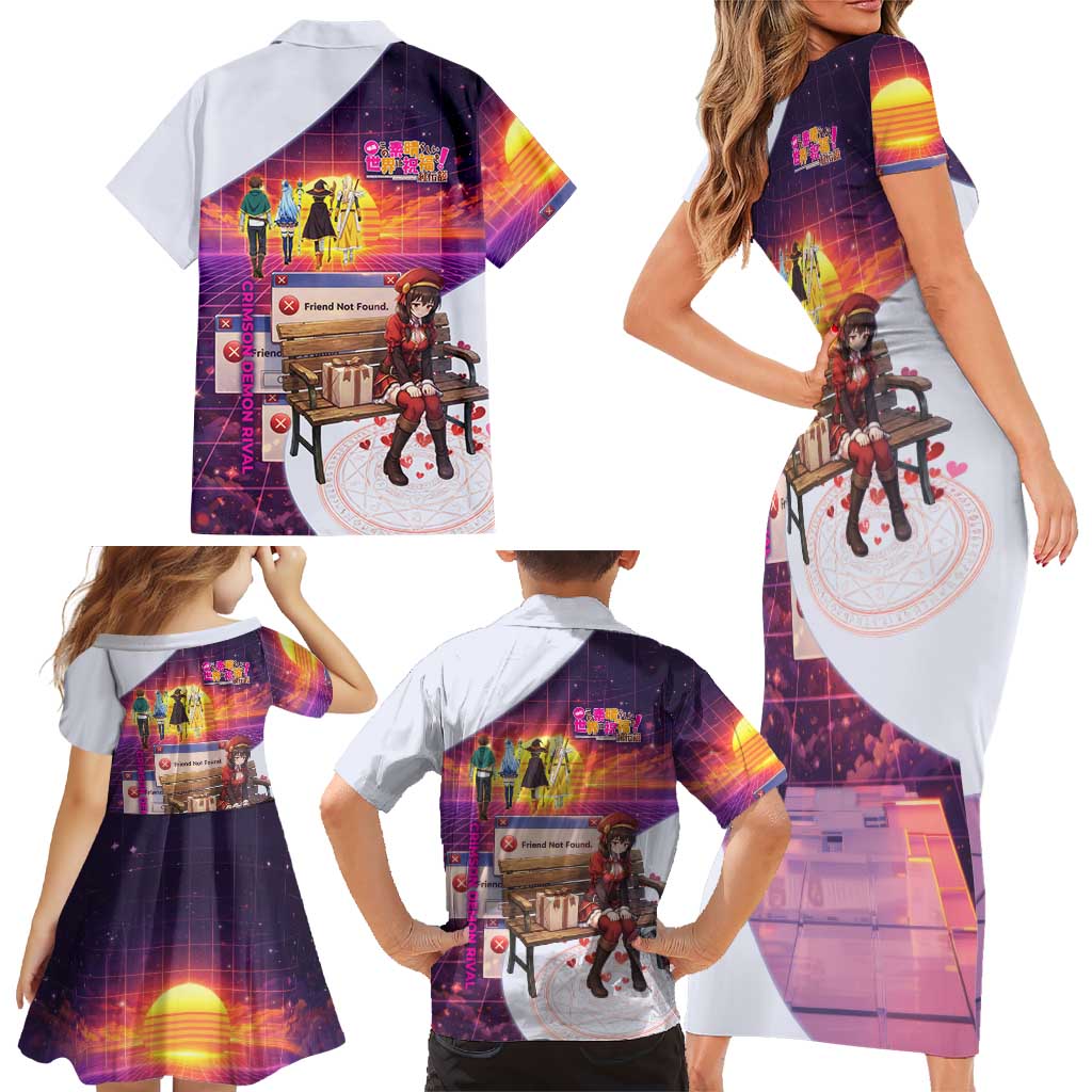 Friend Not Found Konosuba Tribute Family Matching Short Sleeve Bodycon Dress and Hawaiian Shirt Vaporwave Digital Nostalgia Style