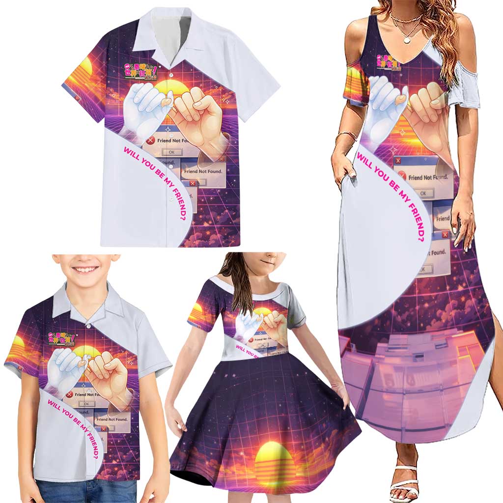 Friend Not Found Konosuba Tribute Family Matching Summer Maxi Dress and Hawaiian Shirt Vaporwave Digital Nostalgia Style