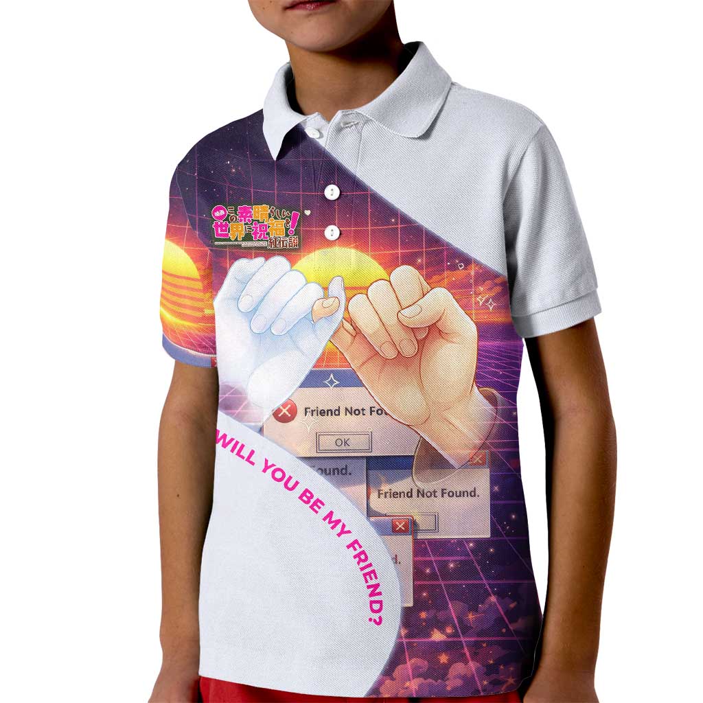 Friend Not Found Konosuba Tribute Kid Polo Shirt Vaporwave Digital Nostalgia Style