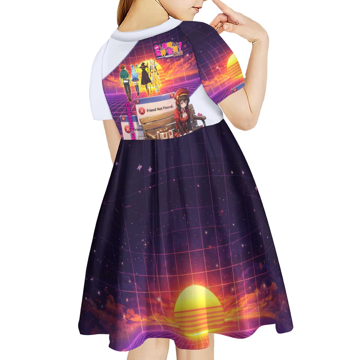 Friend Not Found Konosuba Tribute Kid Short Sleeve Dress Vaporwave Digital Nostalgia Style