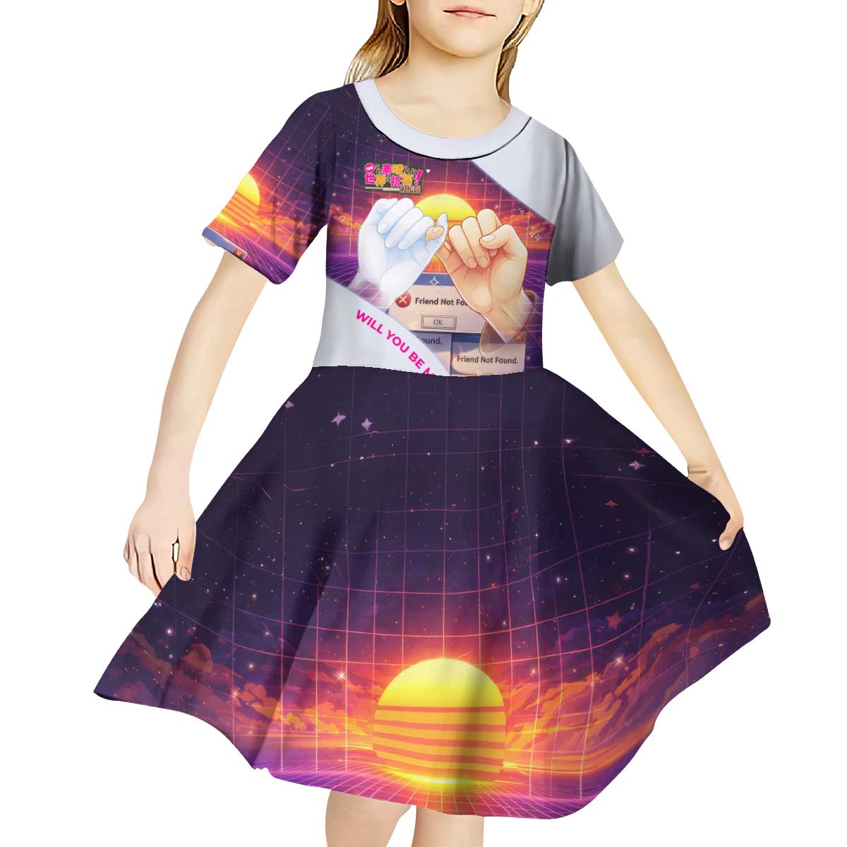 Friend Not Found Konosuba Tribute Kid Short Sleeve Dress Vaporwave Digital Nostalgia Style