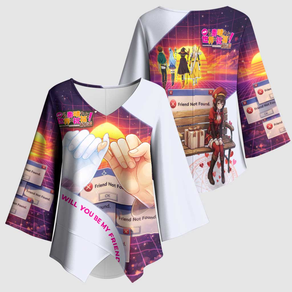 Friend Not Found Konosuba Tribute Kimono Sleeve Blouse Vaporwave Digital Nostalgia Style