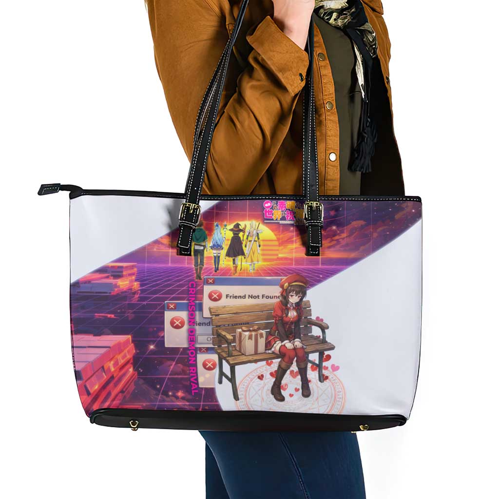 Friend Not Found Konosuba Tribute Leather Tote Bag Vaporwave Digital Nostalgia Style