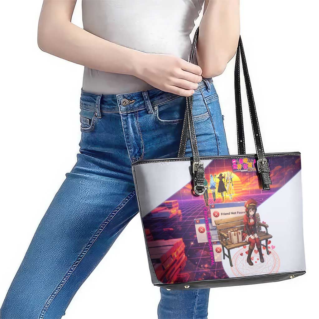 Friend Not Found Konosuba Tribute Leather Tote Bag Vaporwave Digital Nostalgia Style