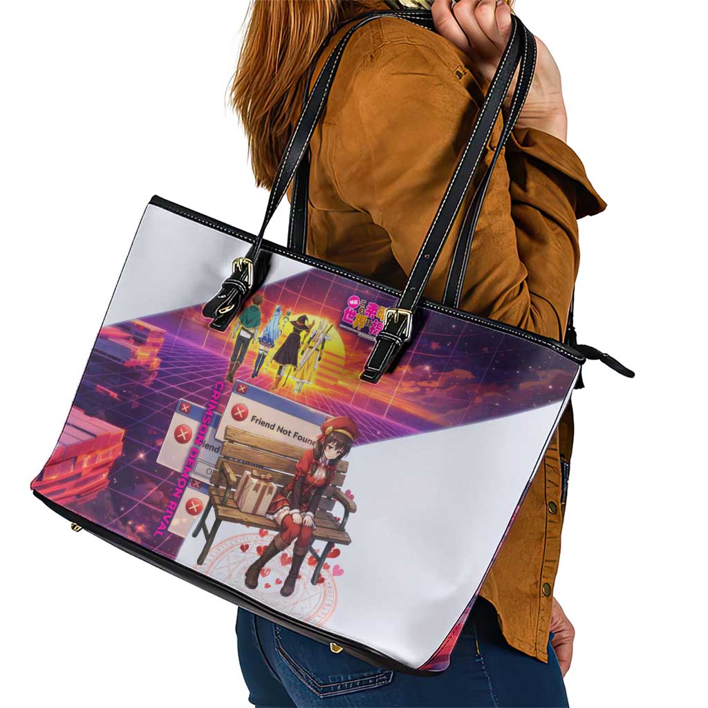 Friend Not Found Konosuba Tribute Leather Tote Bag Vaporwave Digital Nostalgia Style