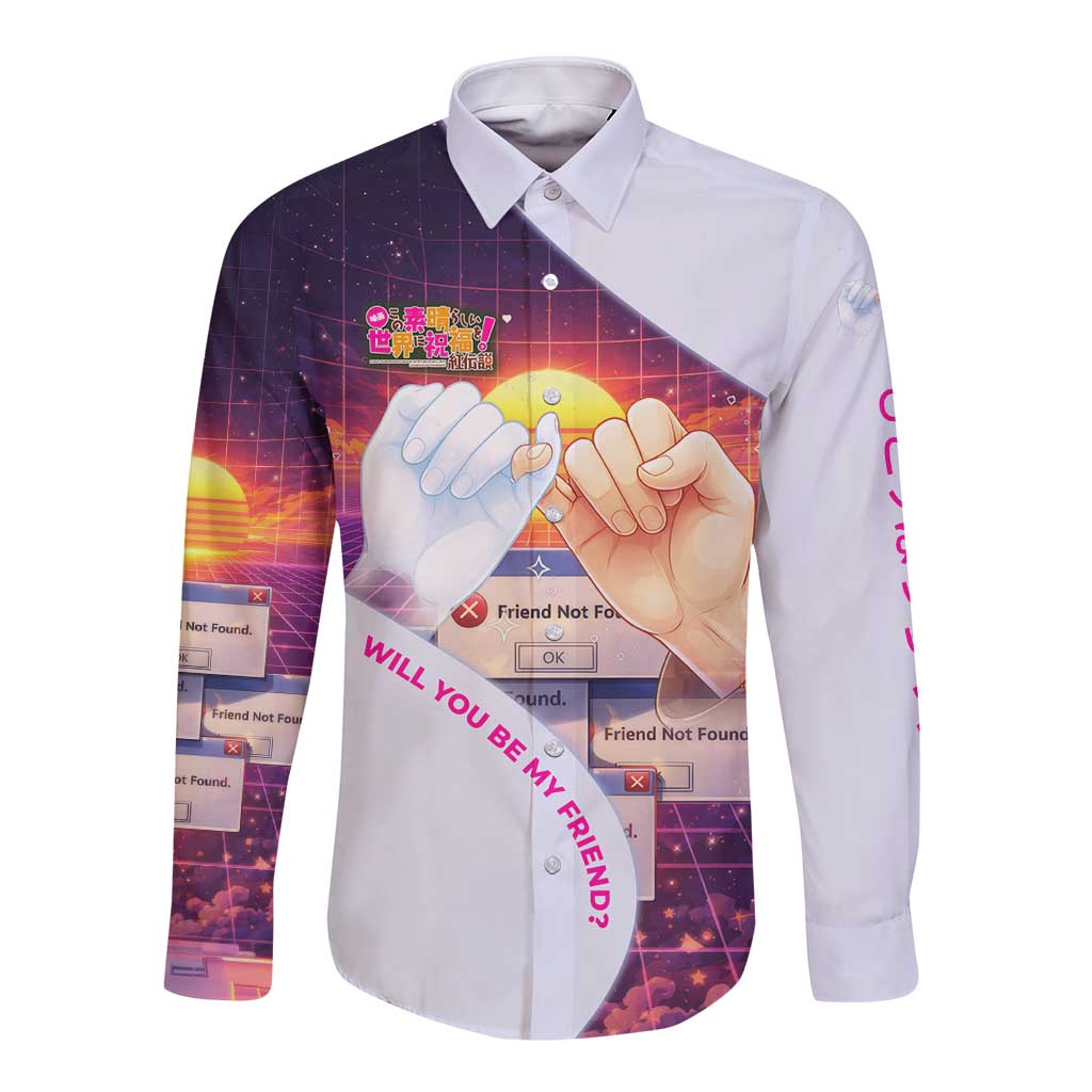 Friend Not Found Konosuba Tribute Long Sleeve Button Shirt Vaporwave Digital Nostalgia Style