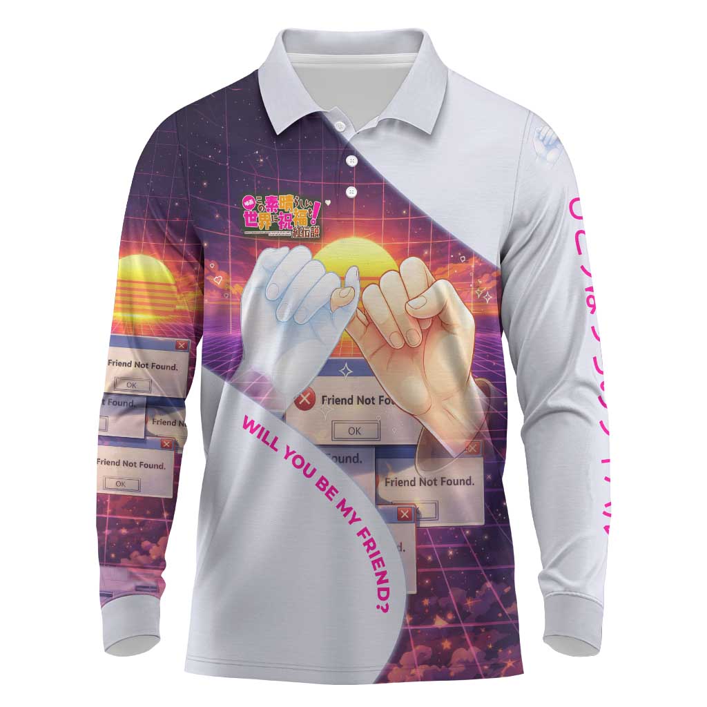 Friend Not Found Konosuba Tribute Long Sleeve Polo Shirt Vaporwave Digital Nostalgia Style