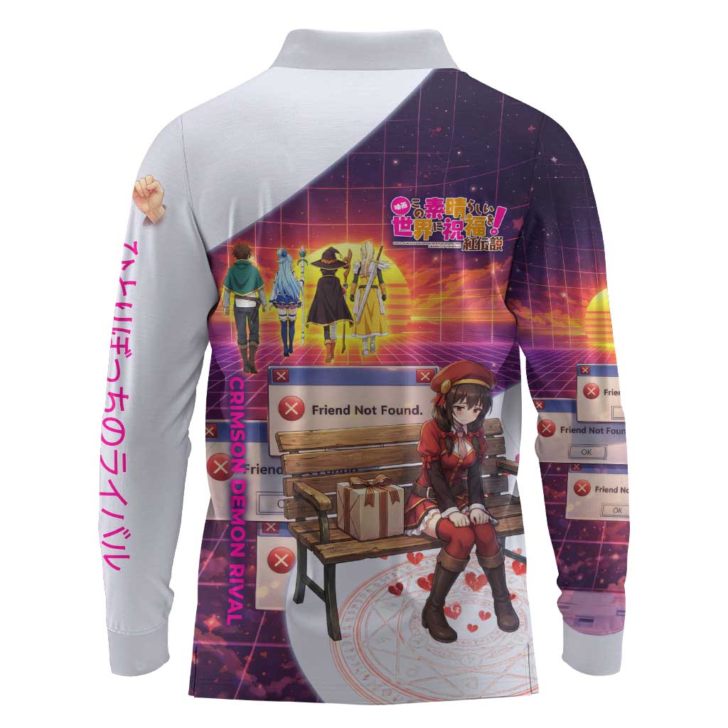 Friend Not Found Konosuba Tribute Long Sleeve Polo Shirt Vaporwave Digital Nostalgia Style