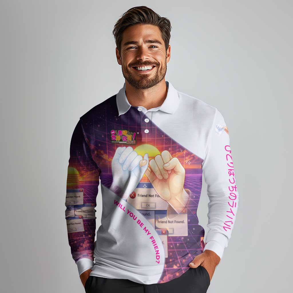 Friend Not Found Konosuba Tribute Long Sleeve Polo Shirt Vaporwave Digital Nostalgia Style