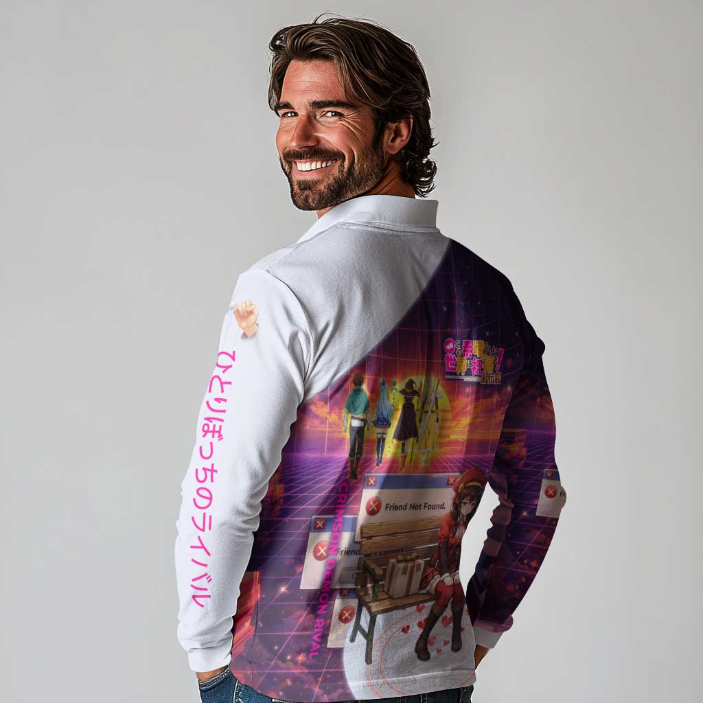 Friend Not Found Konosuba Tribute Long Sleeve Polo Shirt Vaporwave Digital Nostalgia Style