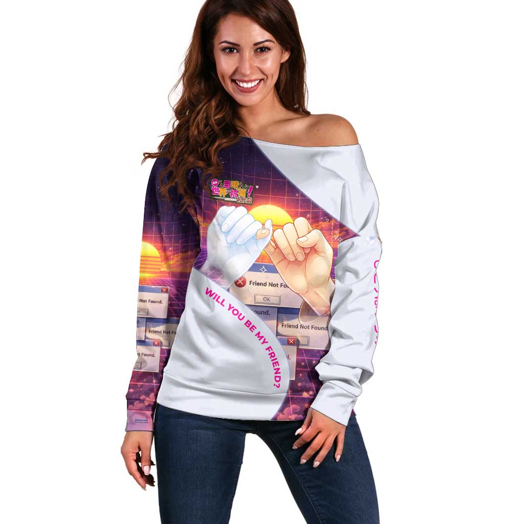Friend Not Found Konosuba Tribute Off Shoulder Sweater Vaporwave Digital Nostalgia Style