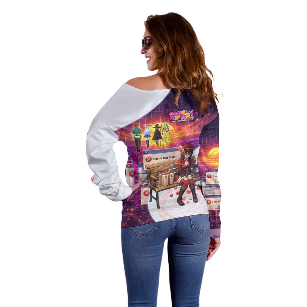 Friend Not Found Konosuba Tribute Off Shoulder Sweater Vaporwave Digital Nostalgia Style